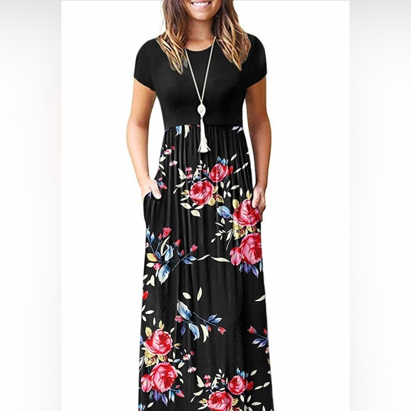 AUSELILY Women Short Sleeve Loose Plain Casual Long
Maxi Dresses with Pockets - Picture 2 of 5